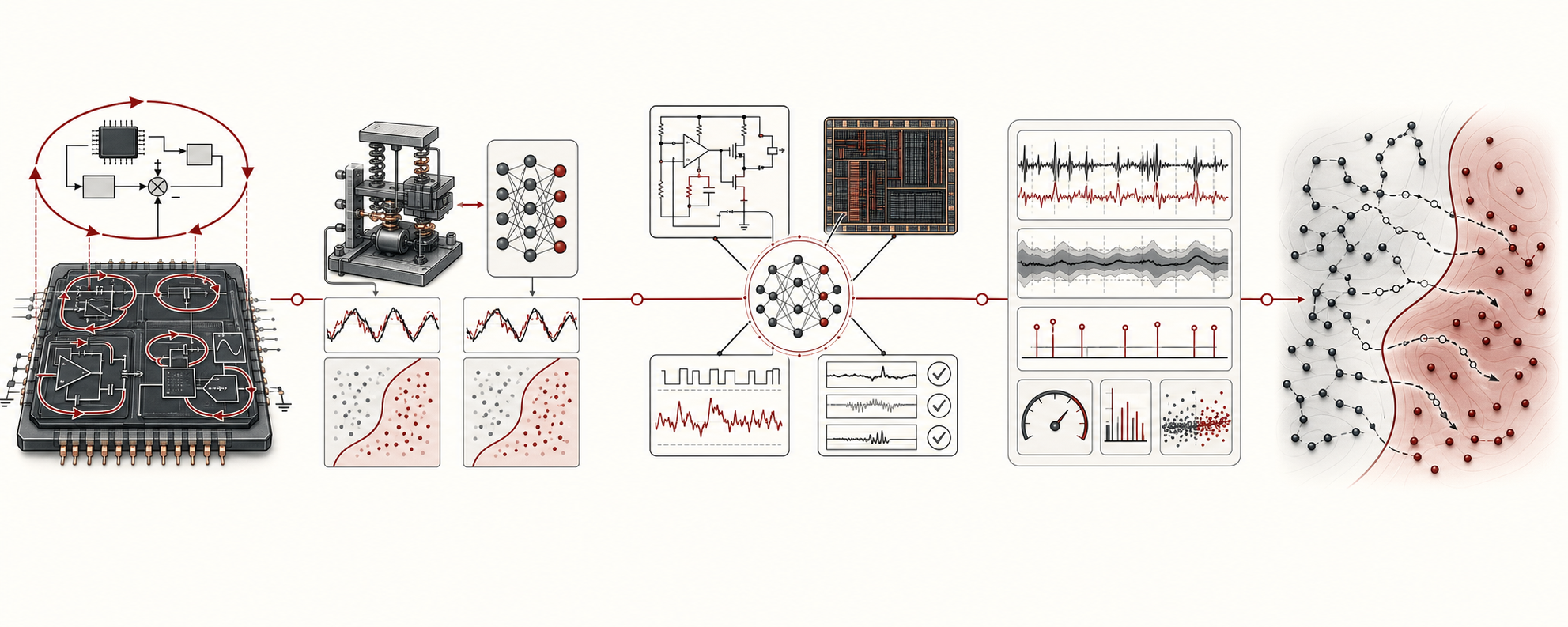 Five connected scientific pictographs representing hierarchical control, observable-aware models, AI-assisted circuit verification, solution telemetry, and stochastic boundary processes