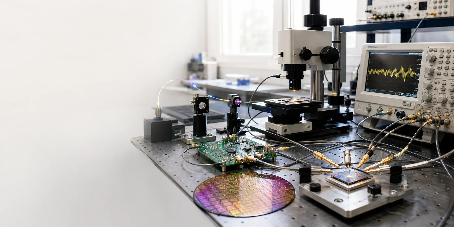 An academic optoelectronics and microelectronics workbench with optical fibre, wafer, microscope, circuit board, probes, and oscilloscope