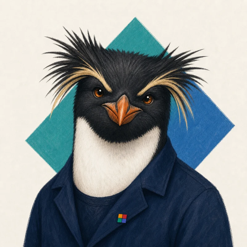 Colourful illustrated rockhopper penguin portrait representing Liam McPherson