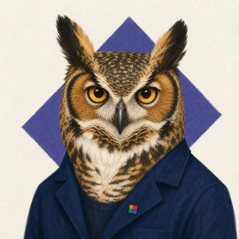 Colourful illustrated great horned owl portrait representing Nick Wicklund